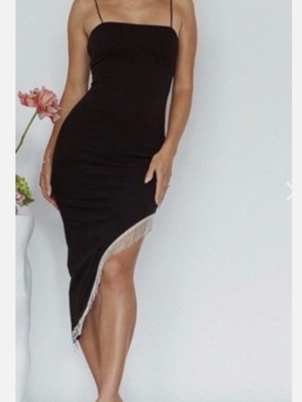 Black bodycon Asymmetrical Dress Size S, Silver Fringe Trim Accent In the hem